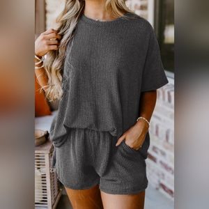 Women's Textured Round Neck Top and Shorts Set